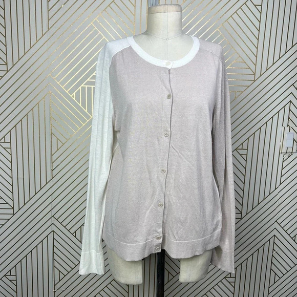 Akris Punto Cardigan Sweater Linen-BlendContrast Light Taupe Cream Size US 10 - Picture 2 of 12
